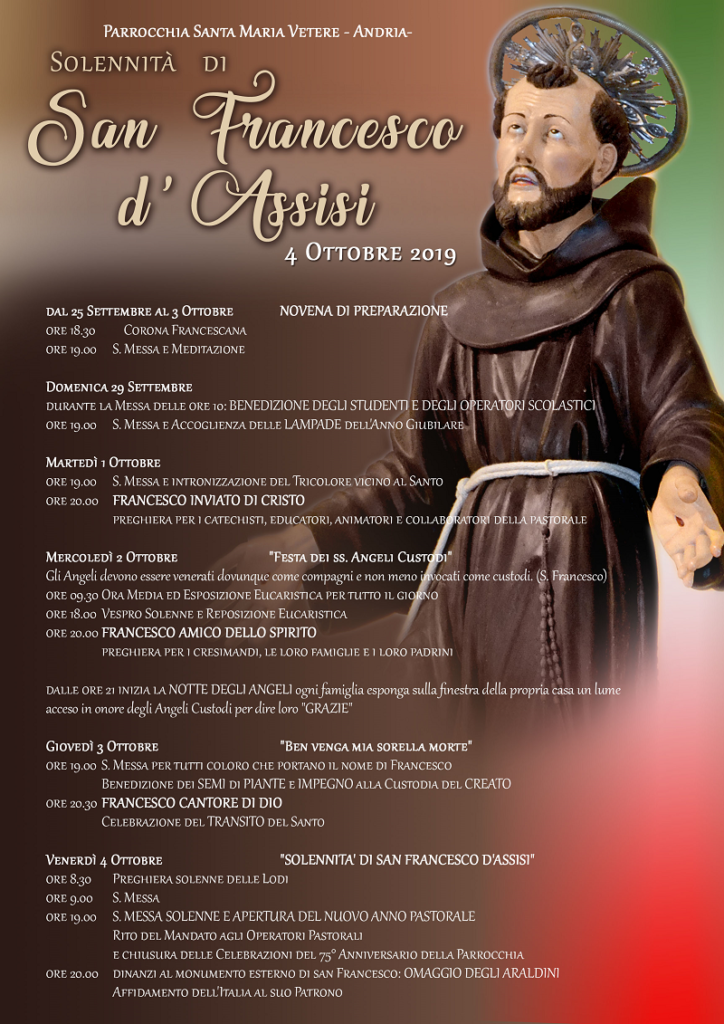 Il programma dei festeggiamenti in onore di San Francesco presso la chiesa di  di santa maria vetere. 4 Ottobre 2019